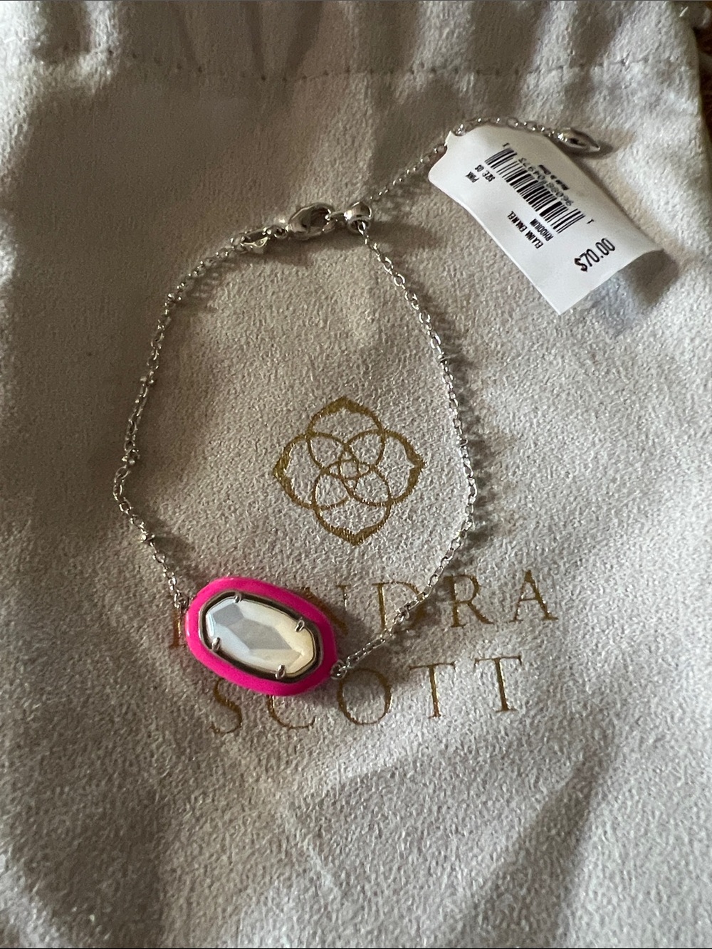 Kendra Scott Elaina Enamel Rhodium Hot Pink Drusy Pendant adjustable Bracelet